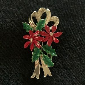 Poinsettia and gold tone bow-Christmas Holiday brooch